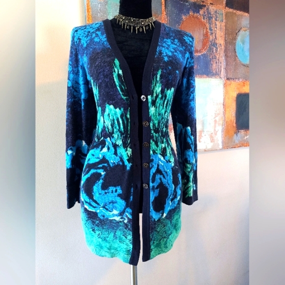 Nic + Zoe Cardigan Bold  Print Sweater Blue/ Green/ Purple Sz. L - Picture 9 of 12